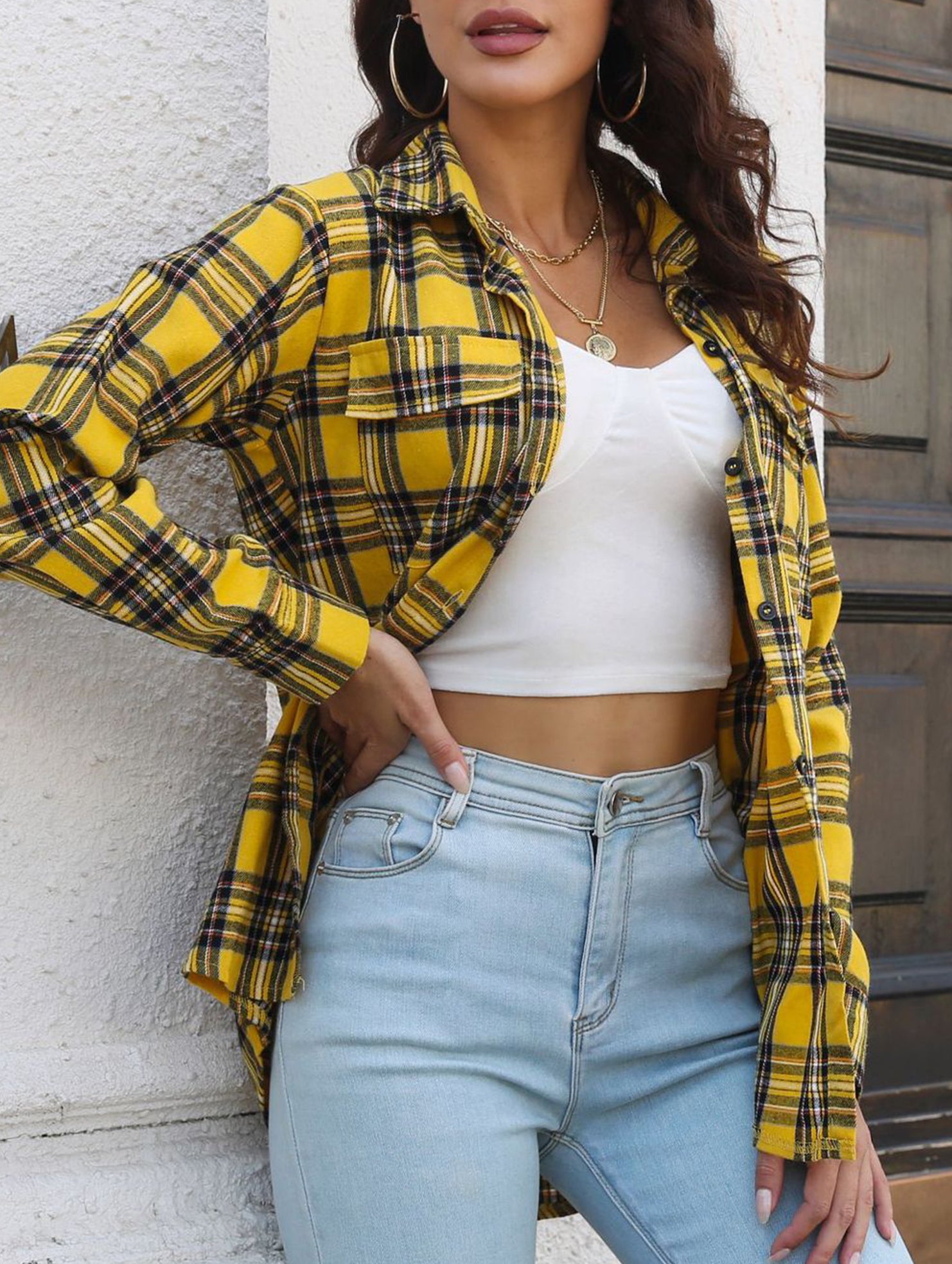 Plaid brushed loose-fitting shirt for women_CWTSTL01356