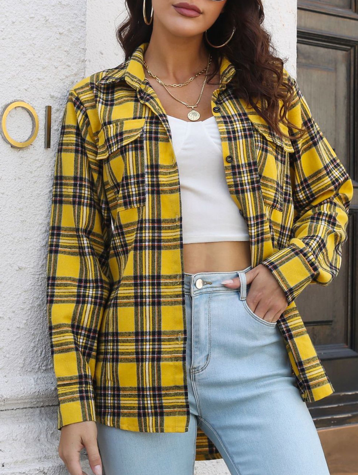 Plaid brushed loose-fitting shirt for women_CWTSTL01356