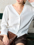 Pure Linen V Neck Cropped Shirt_CWTSTL01384
