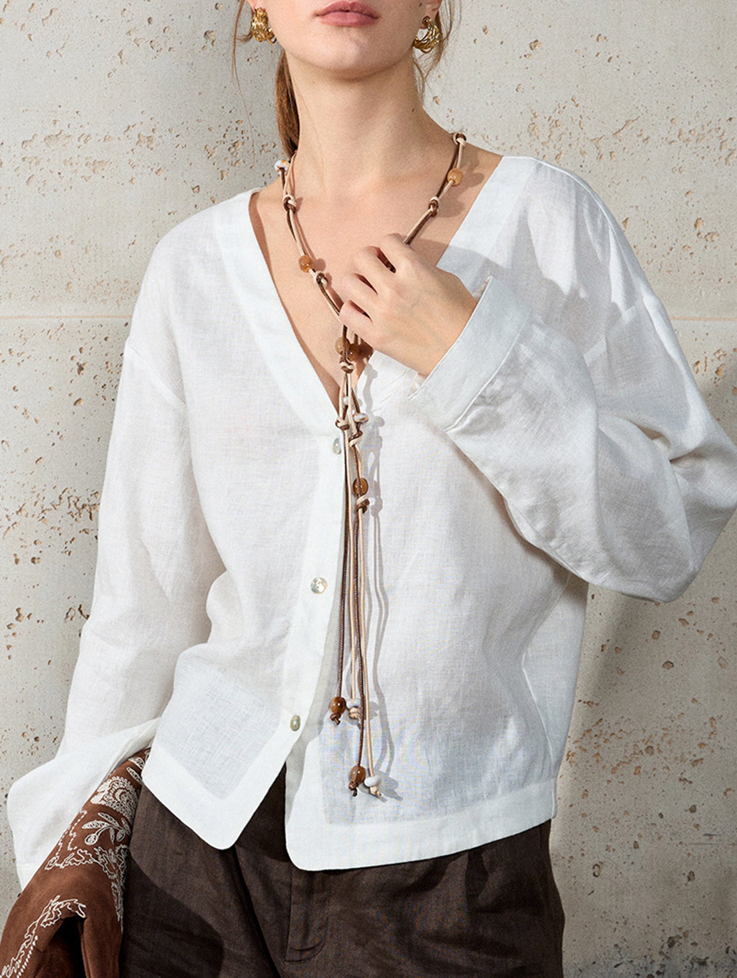 Pure Linen V Neck Cropped Shirt_CWTSTL01384