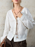 Pure Linen V Neck Cropped Shirt_CWTSTL01384