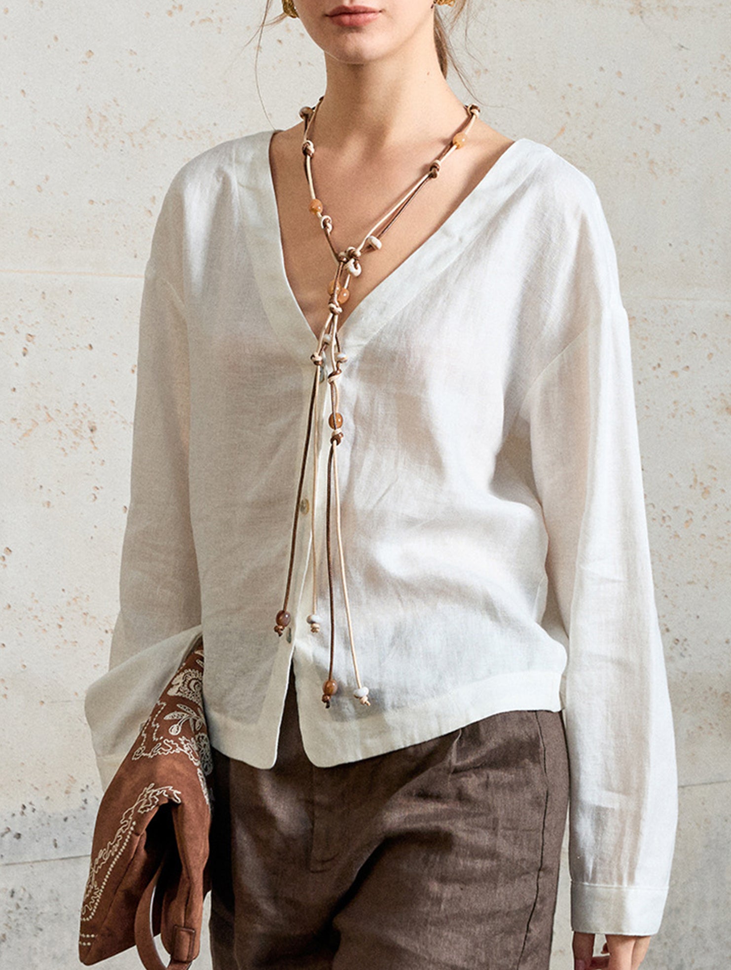 Pure Linen V Neck Cropped Shirt_CWTSTL01384