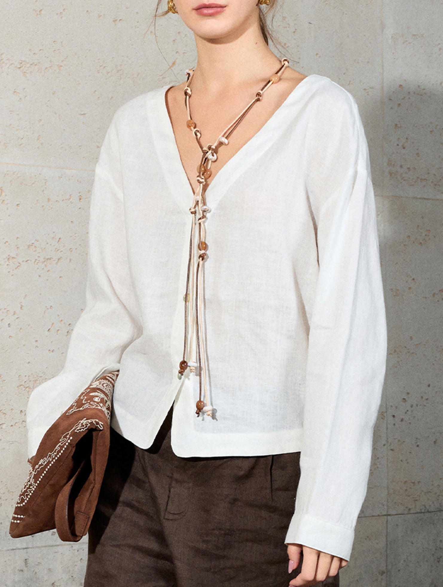 Pure Linen V Neck Cropped Shirt_CWTSTL01384