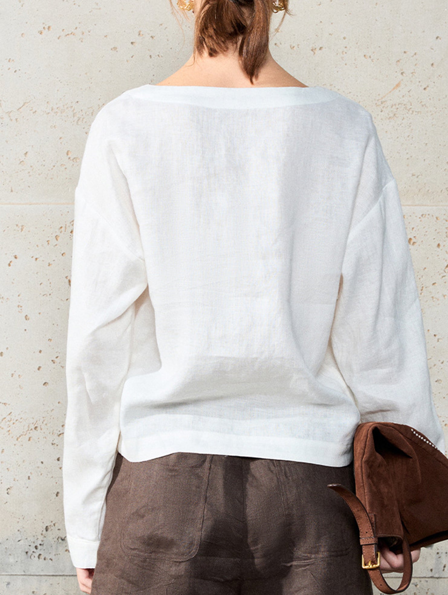 Pure Linen V Neck Cropped Shirt_CWTSTL01384