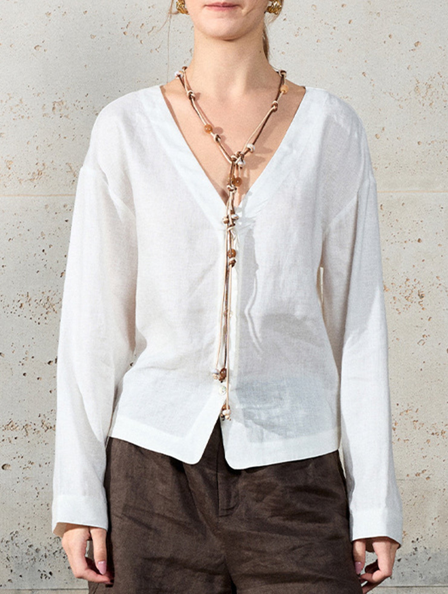 Pure Linen V Neck Cropped Shirt_CWTSTL01384
