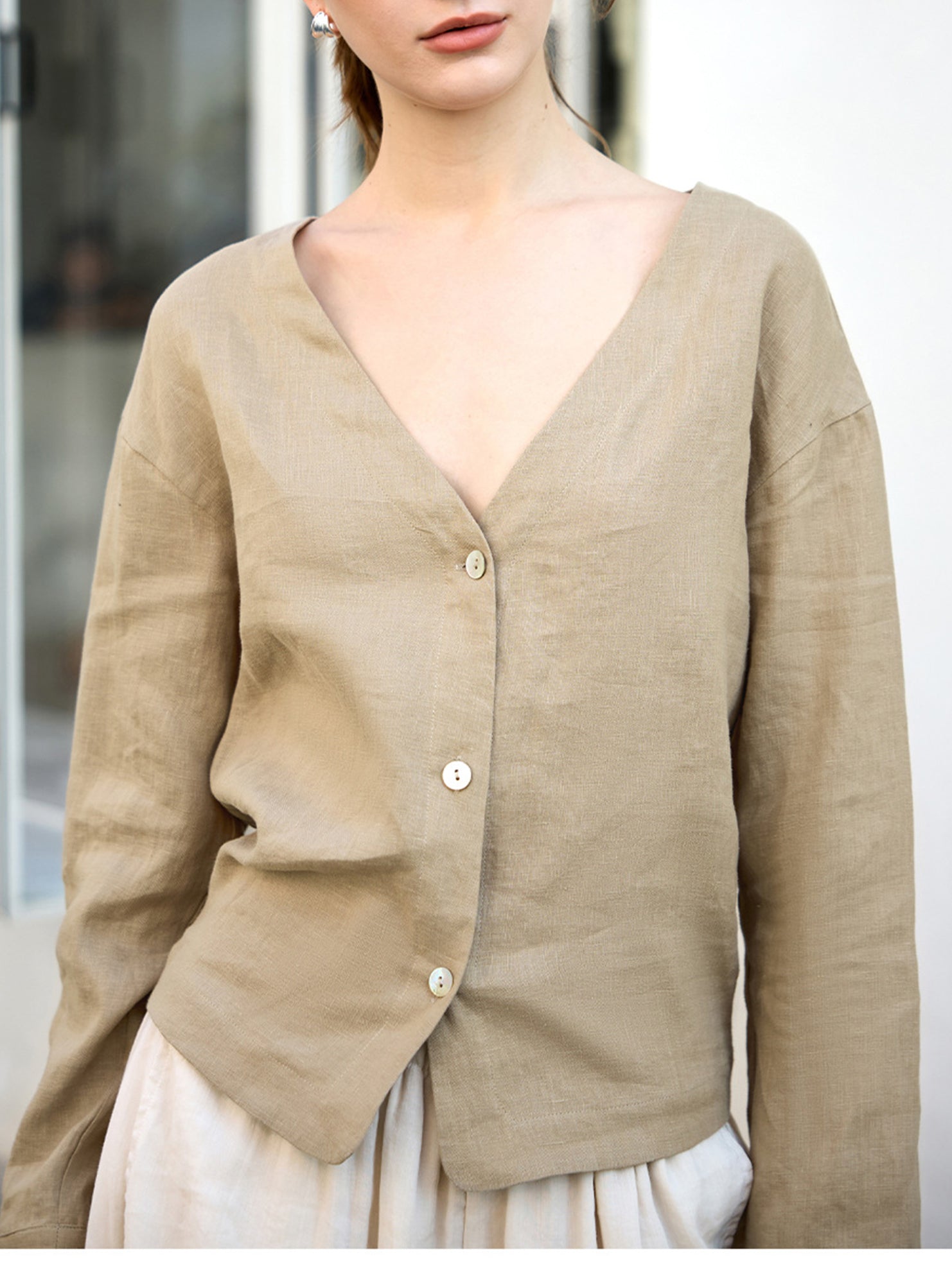 Pure Linen V Neck Cropped Shirt_CWTSTL01384