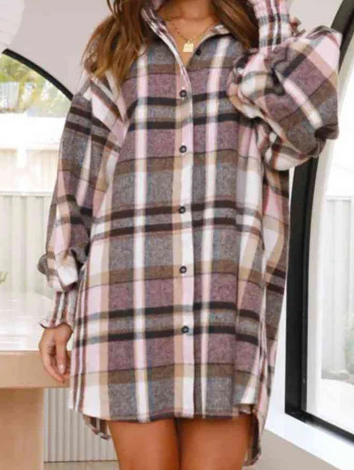 Fashionable plaid lantern sleeve shirt for women_CWTSTL01394