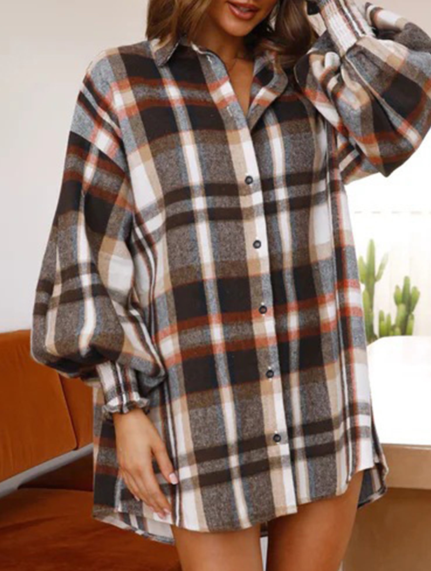 Fashionable plaid lantern sleeve shirt for women_CWTSTL01394