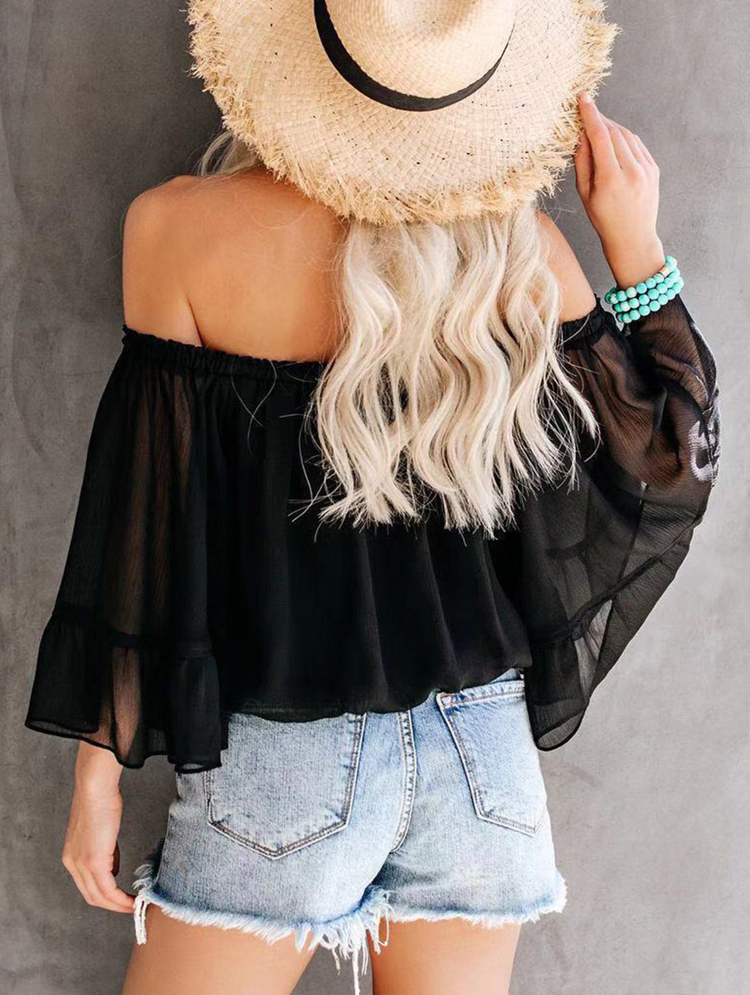 Women's off-shoulder bell sleeve chiffon blouse
