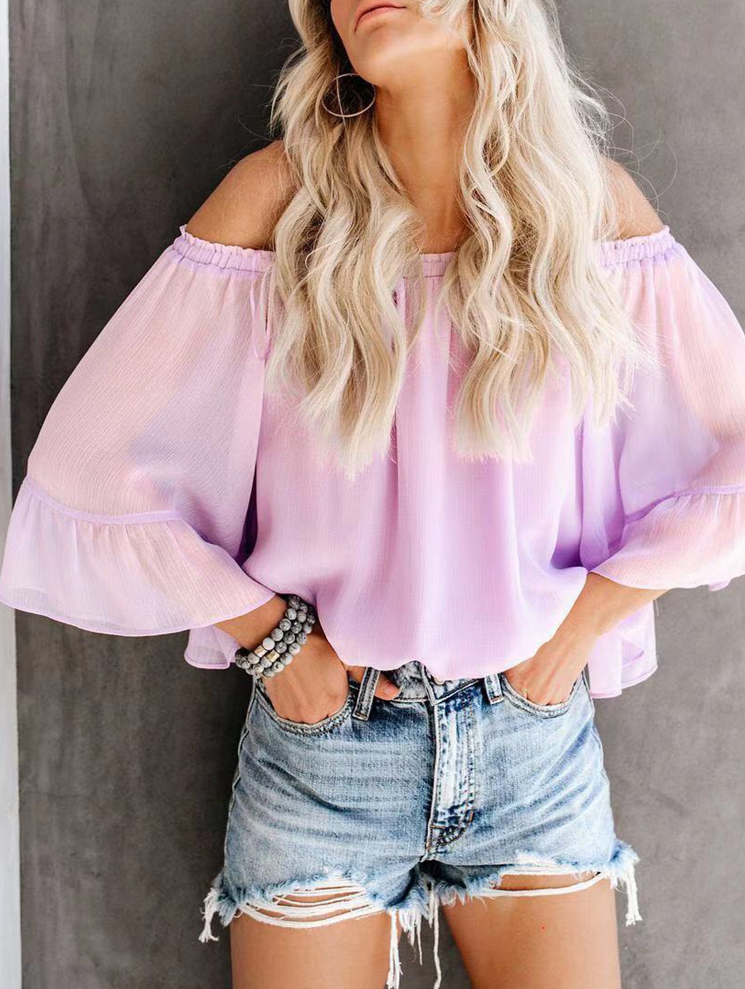 Women's off-shoulder bell sleeve chiffon blouse
