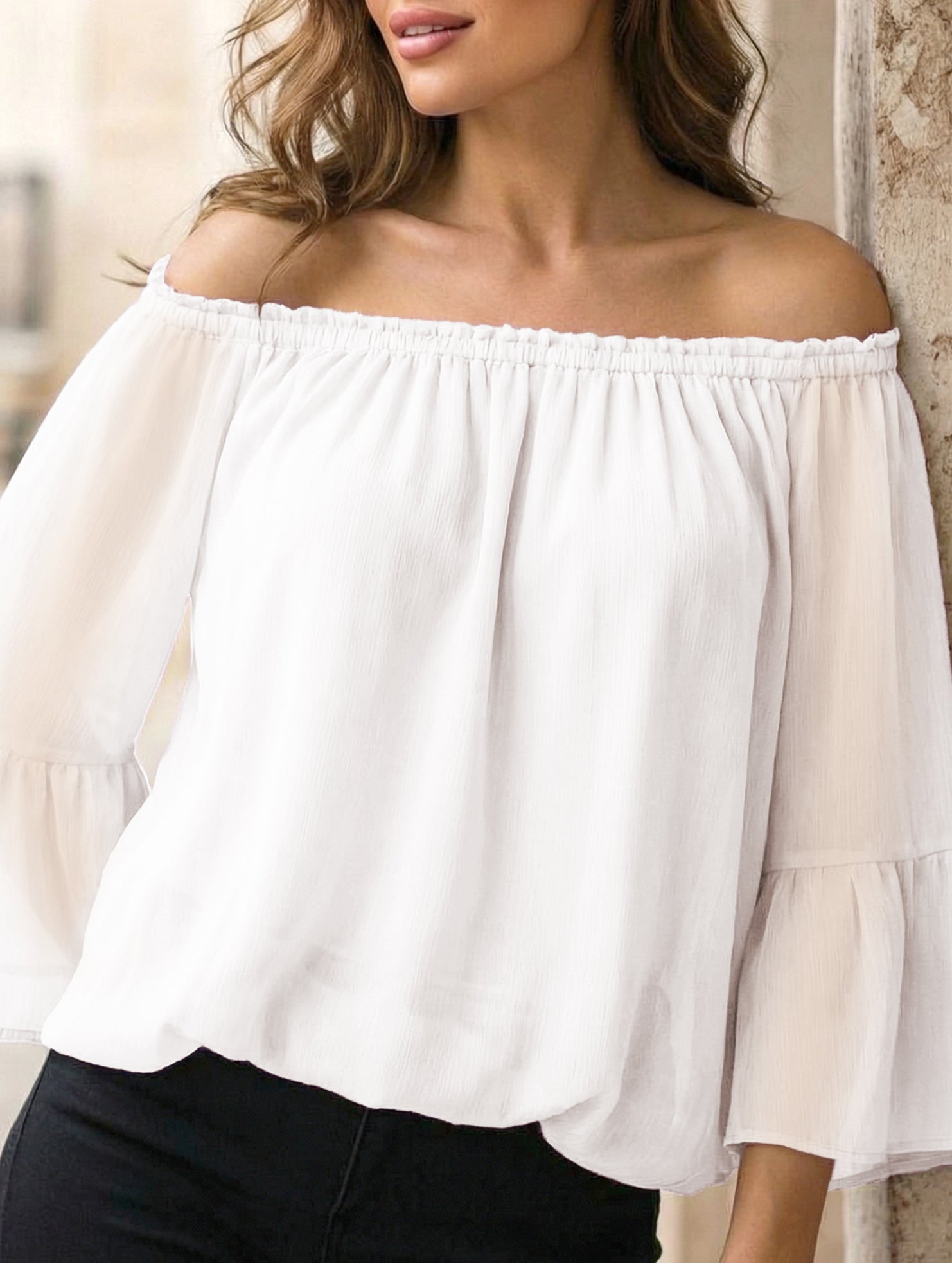 Women's off-shoulder bell sleeve chiffon blouse