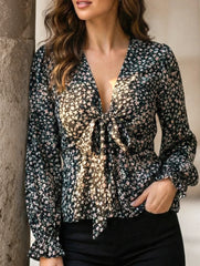 Floral print V-neck tie-waist blouse