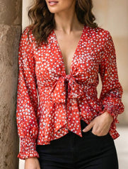 Floral print V-neck tie-waist blouse
