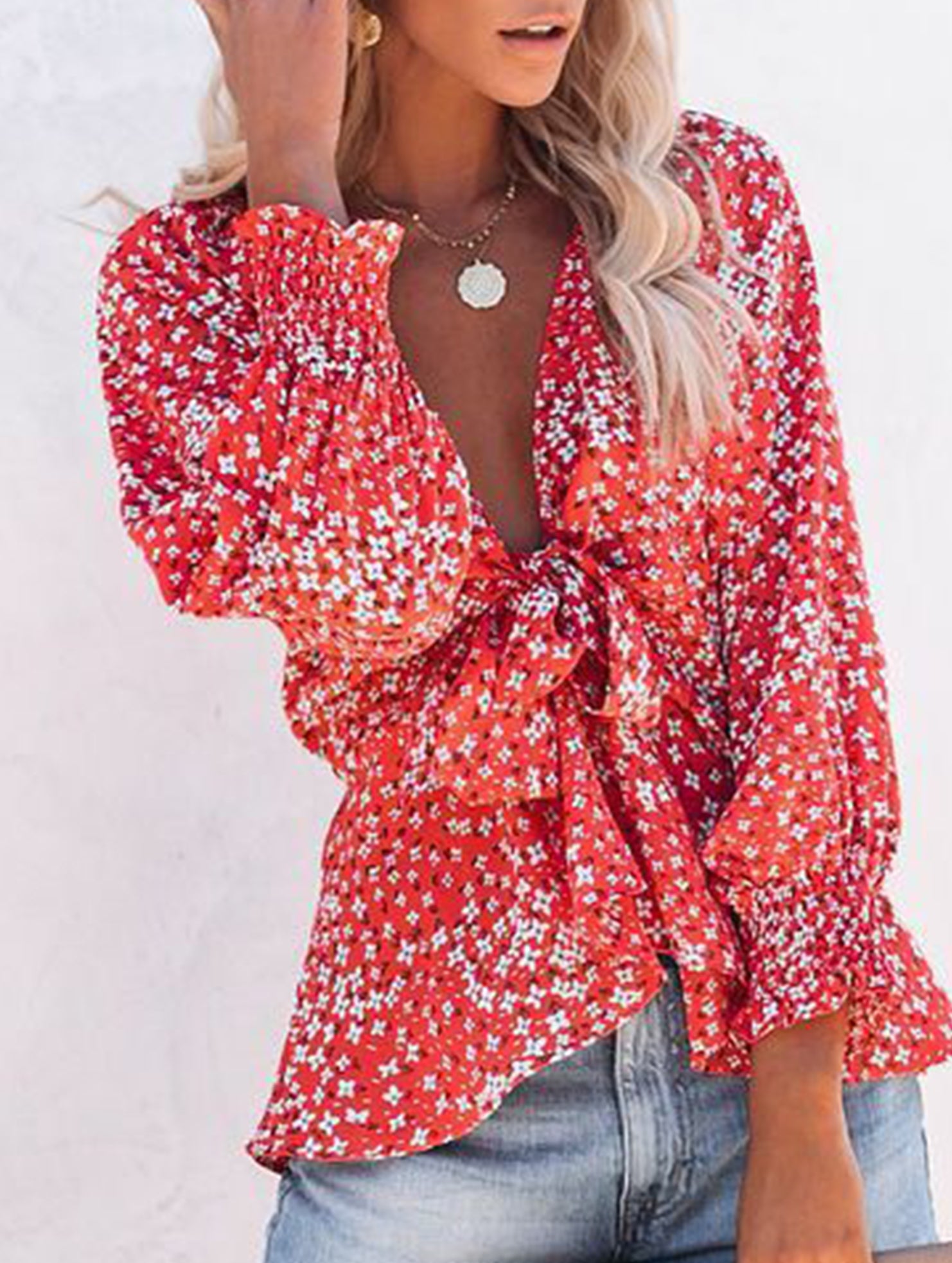 Floral print V-neck tie-waist blouse