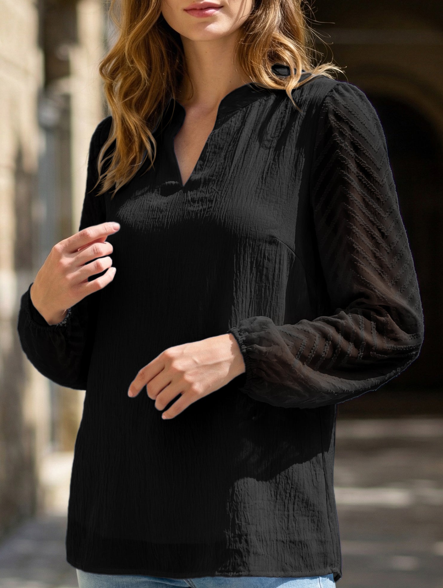 Solid V Neck Lace Patch Chiffon Blouse