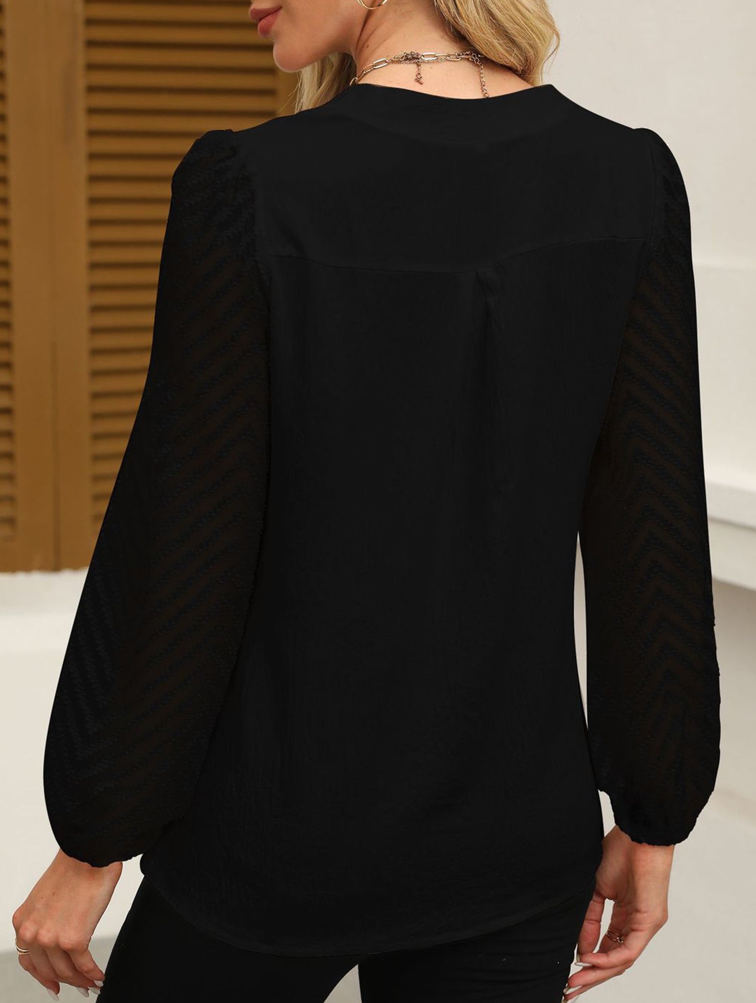 Solid V Neck Lace Patch Chiffon Blouse