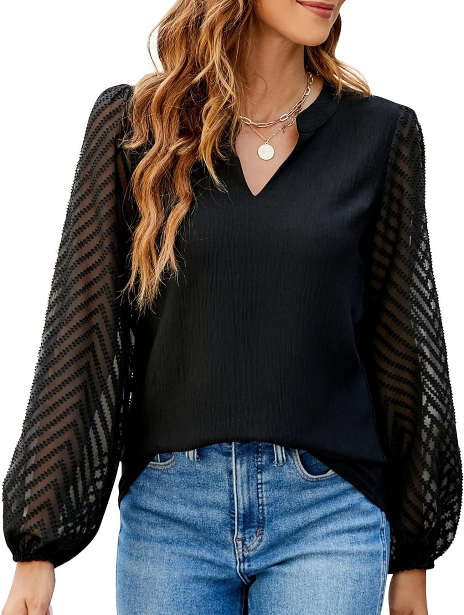 Solid V Neck Lace Patch Chiffon Blouse