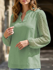 Solid V Neck Lace Patch Chiffon Blouse