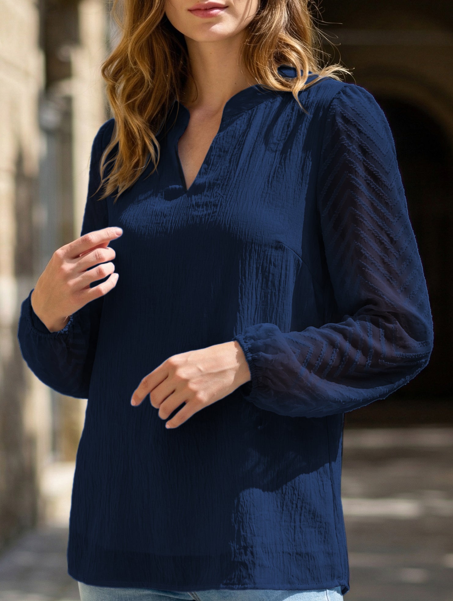 Solid V Neck Lace Patch Chiffon Blouse