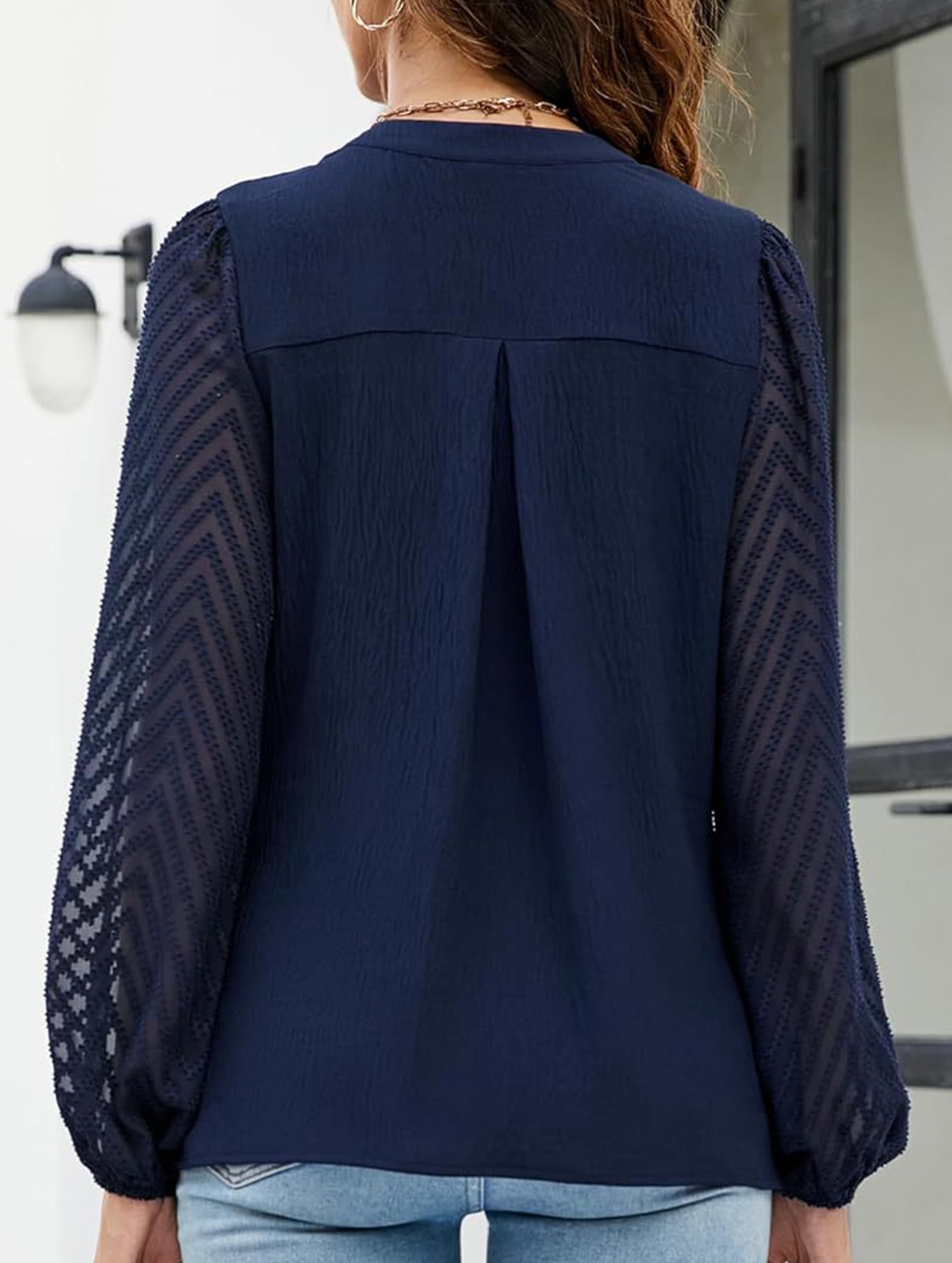 Solid V Neck Lace Patch Chiffon Blouse