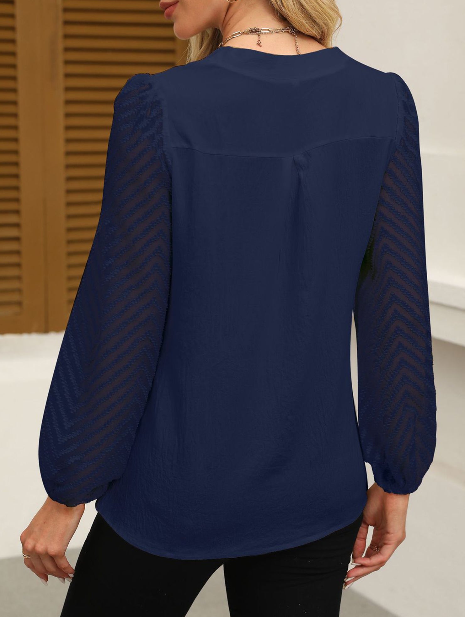Solid V Neck Lace Patch Chiffon Blouse
