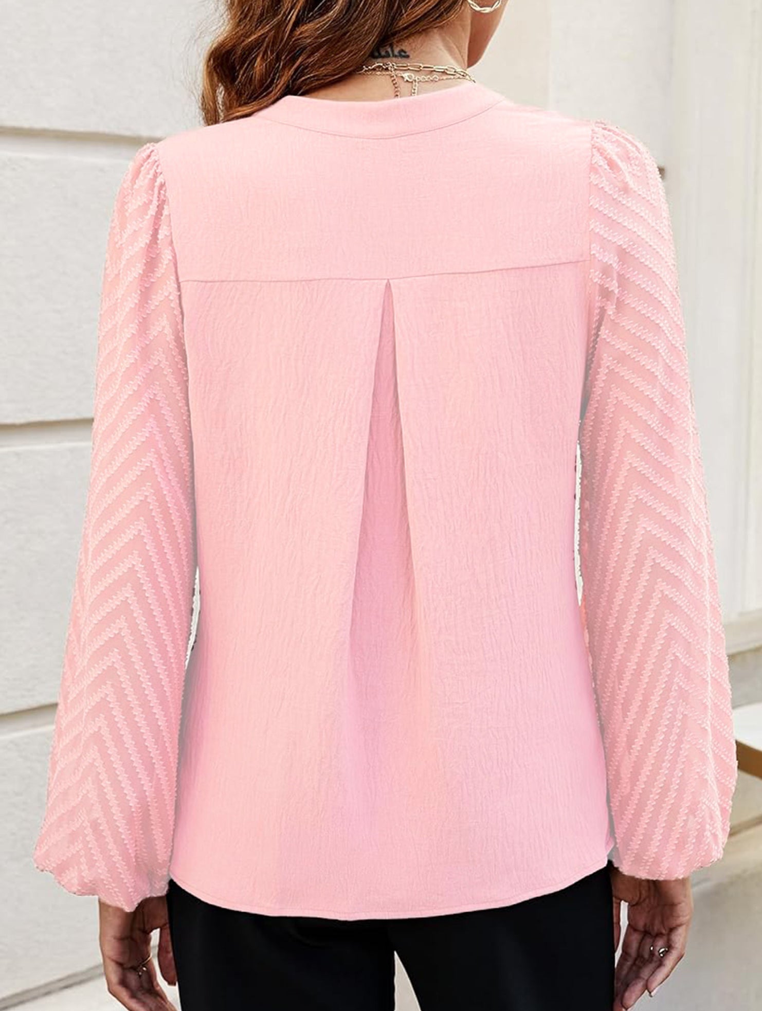 Solid V Neck Lace Patch Chiffon Blouse