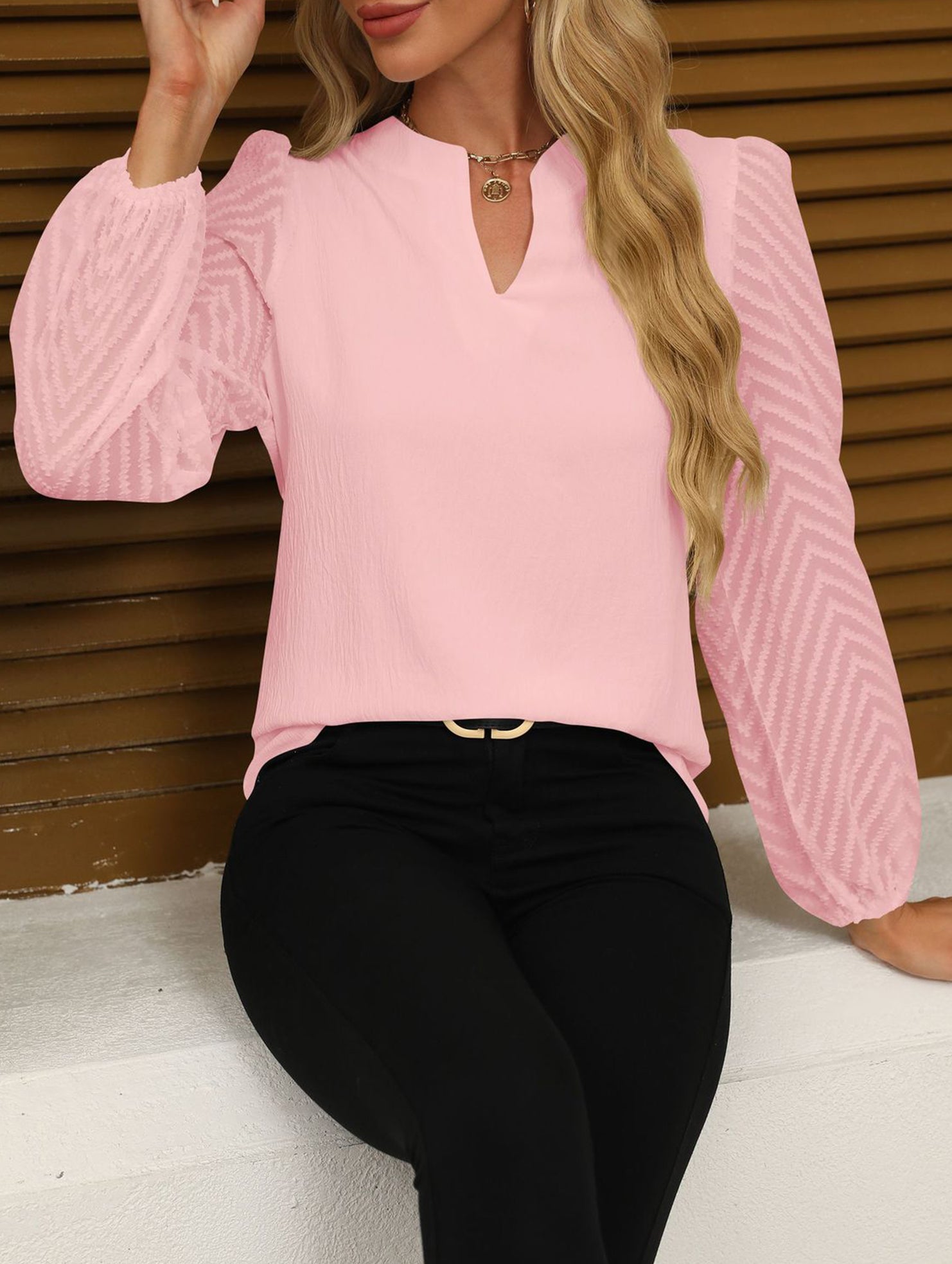 Solid V Neck Lace Patch Chiffon Blouse