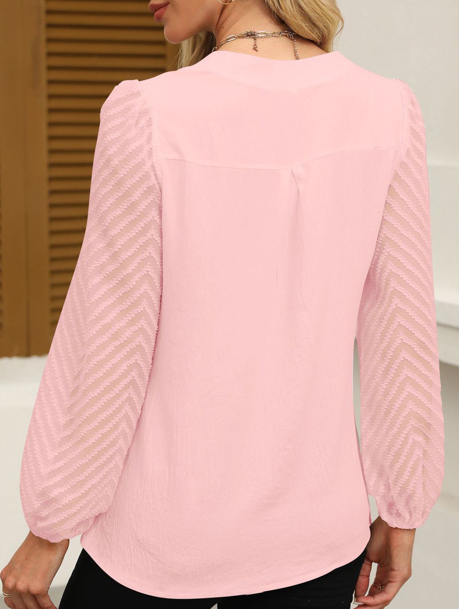 Solid V Neck Lace Patch Chiffon Blouse