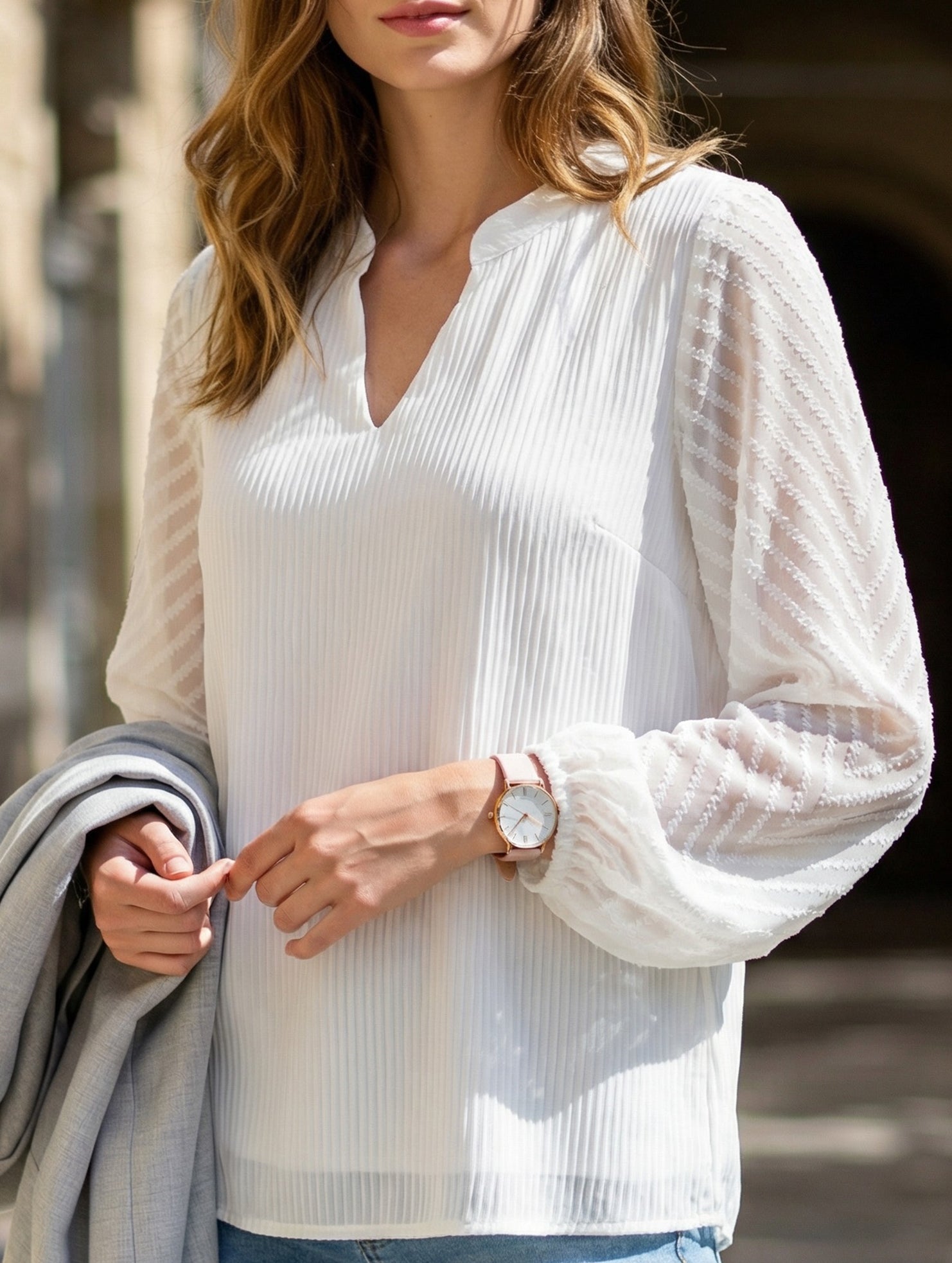Solid V Neck Lace Patch Chiffon Blouse