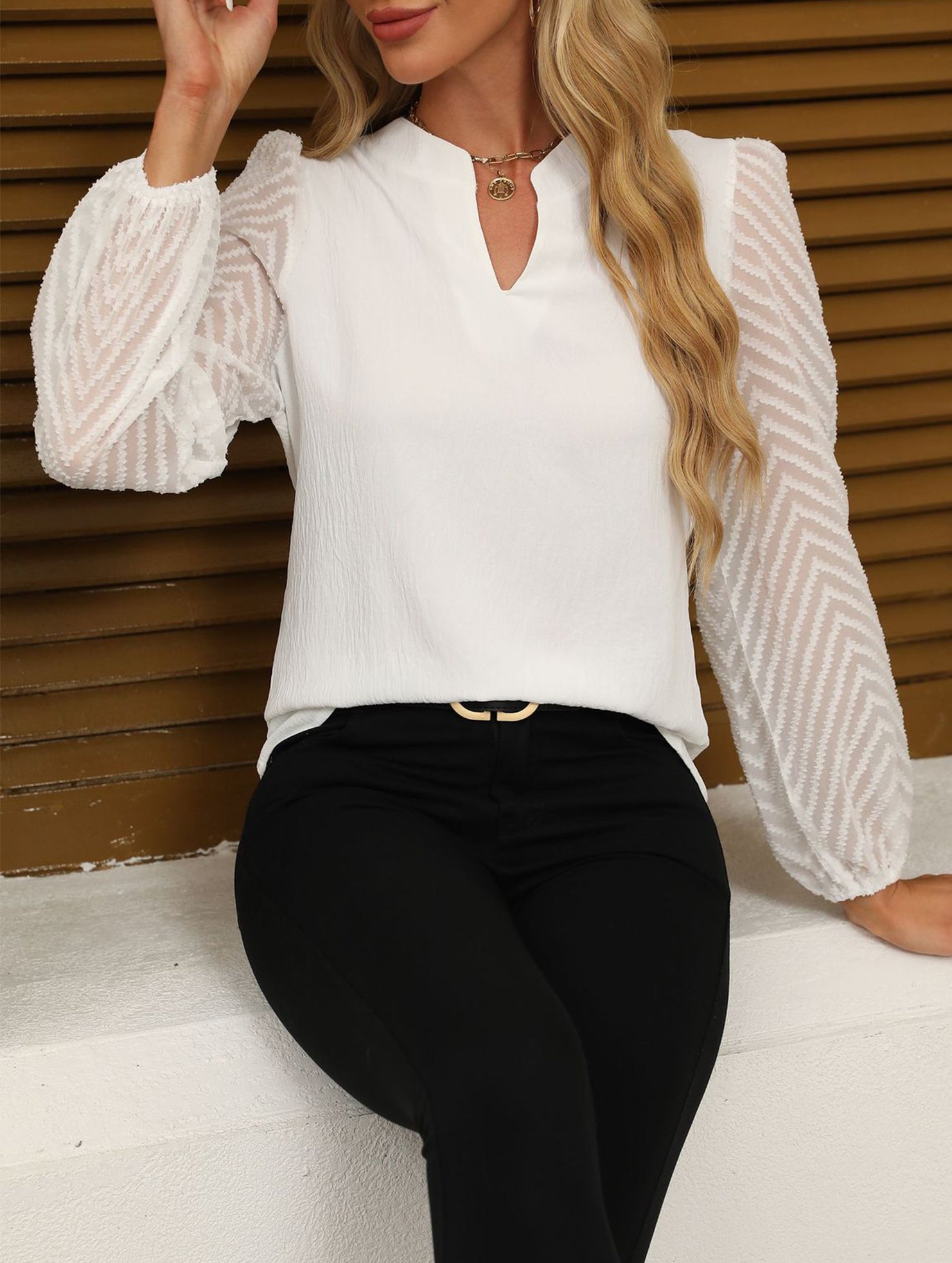 Solid V Neck Lace Patch Chiffon Blouse