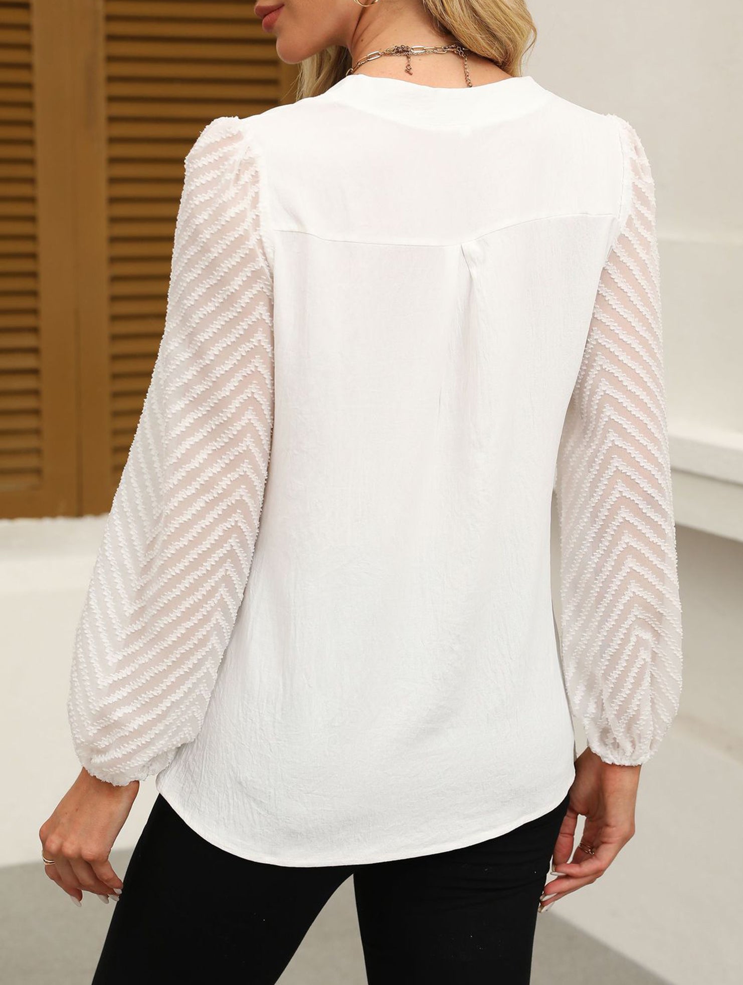 Solid V Neck Lace Patch Chiffon Blouse