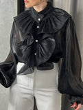 Solid Loose Round Neck Lace Trim Blouse