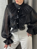 Solid Loose Round Neck Lace Trim Blouse