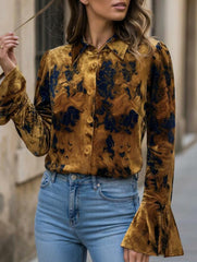 Printed Flare Sleeve Vintage Velvet Shirt