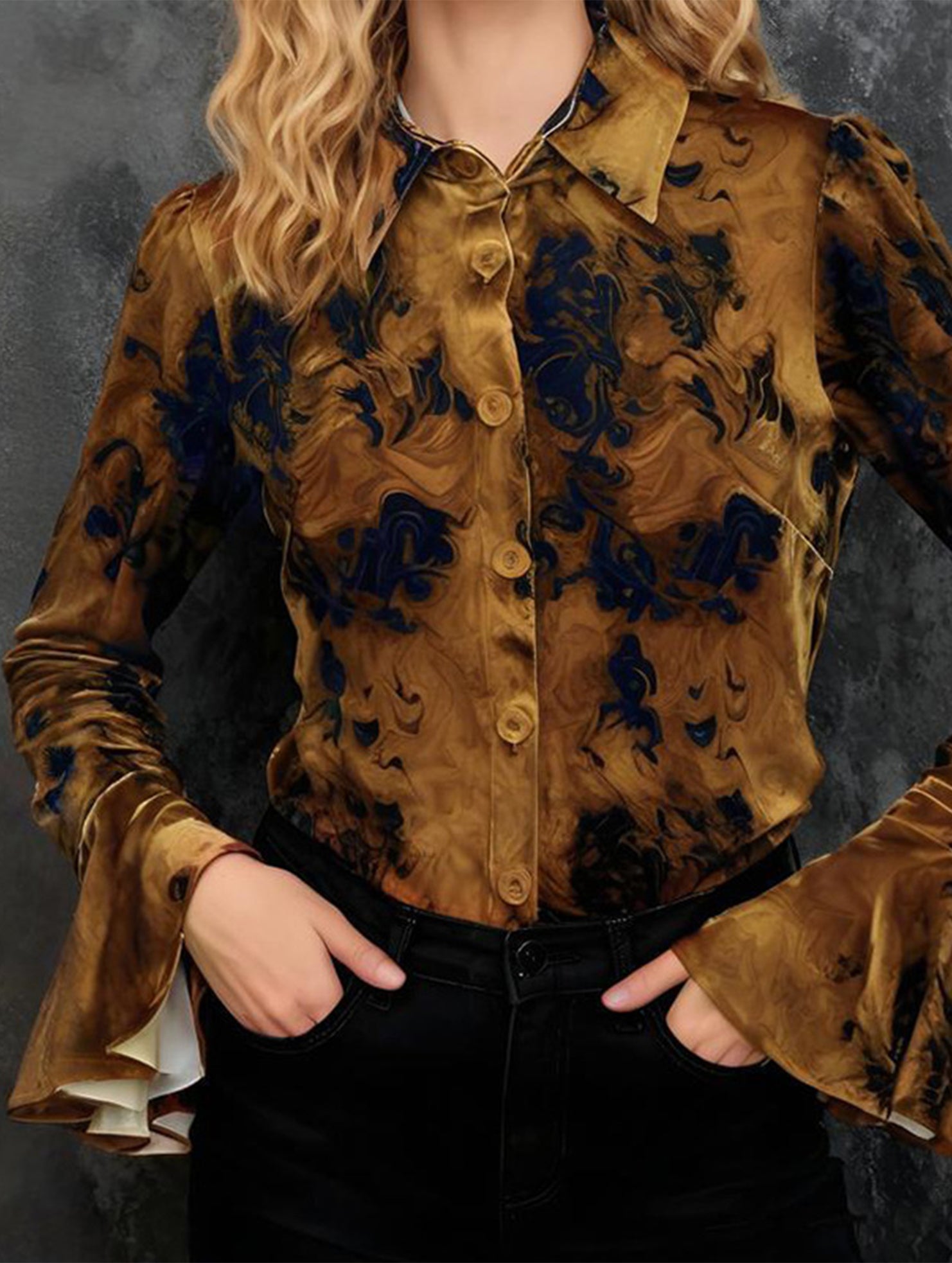 Printed Flare Sleeve Vintage Velvet Shirt