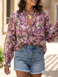 3D Floral Print V Neck Loose Shirt
