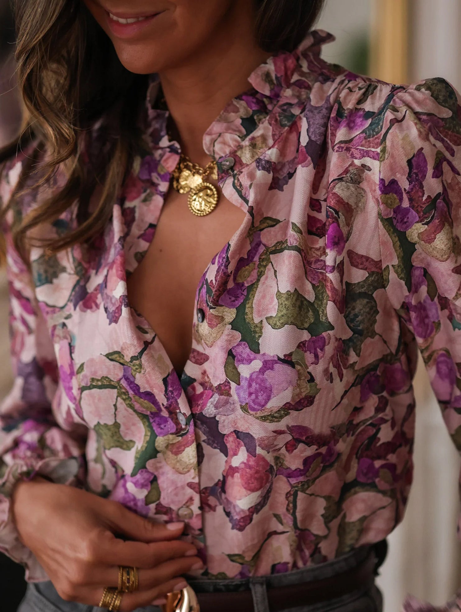 3D Floral Print V Neck Loose Shirt