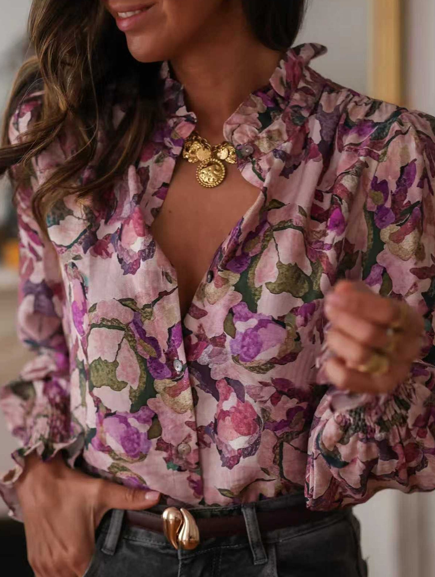 3D Floral Print V Neck Loose Shirt