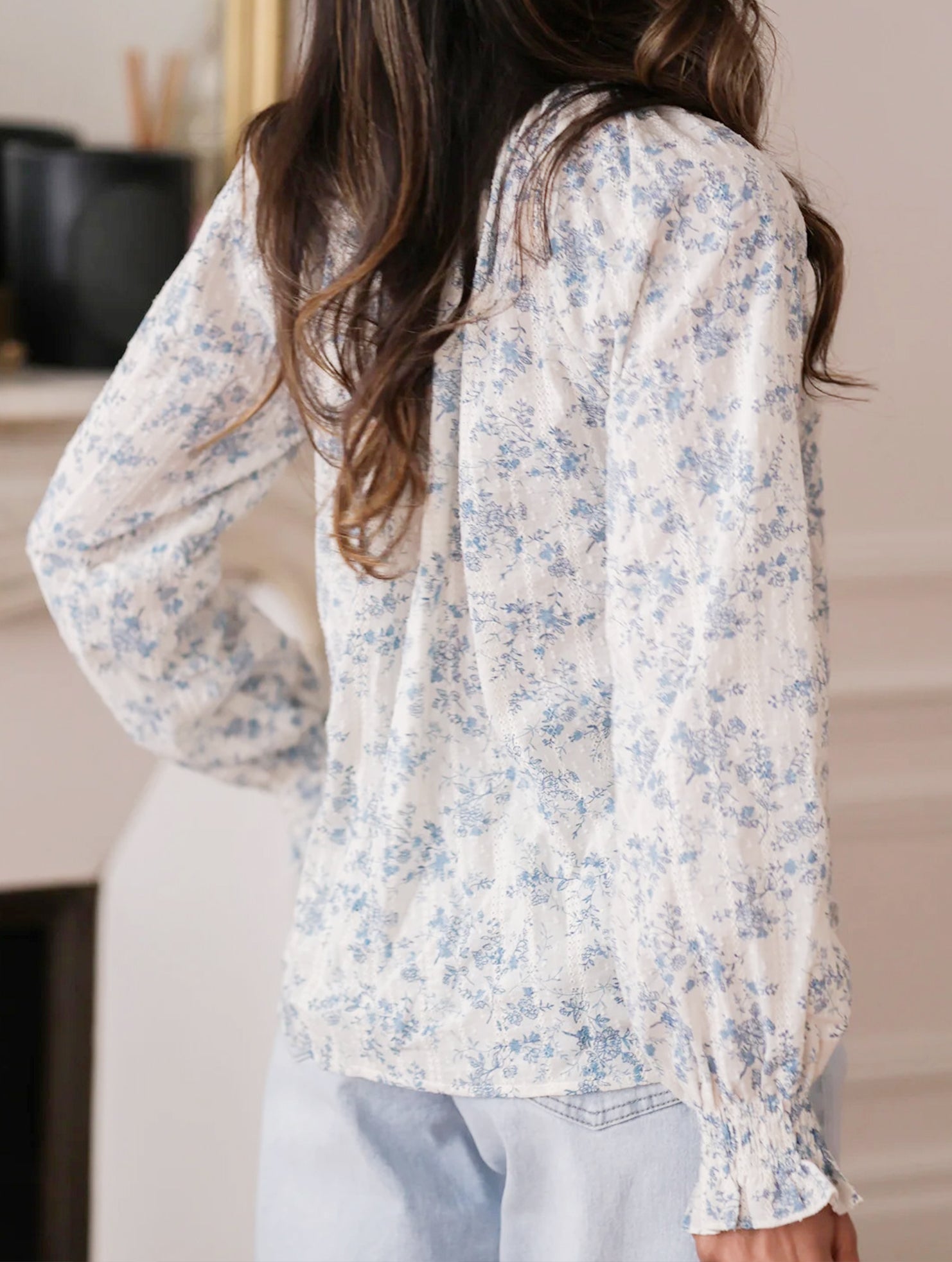 Floral V Neck Tie Long Sleeve Shirt