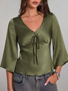 Solid V Neck Pullover Blouse