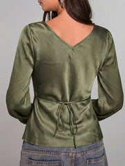 Solid V Neck Pullover Blouse