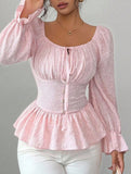 Tie Neck U Neck Long Sleeve Blouse