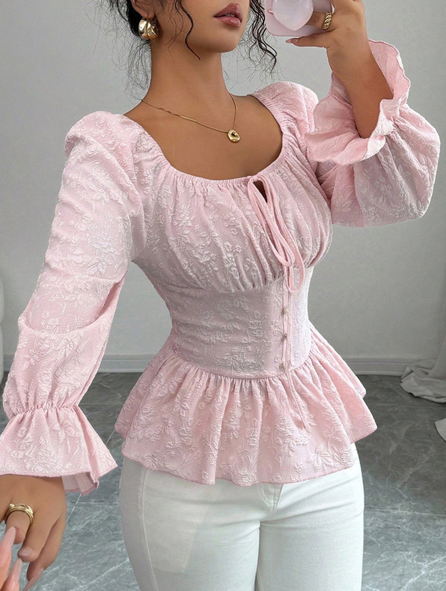 Tie Neck U Neck Long Sleeve Blouse