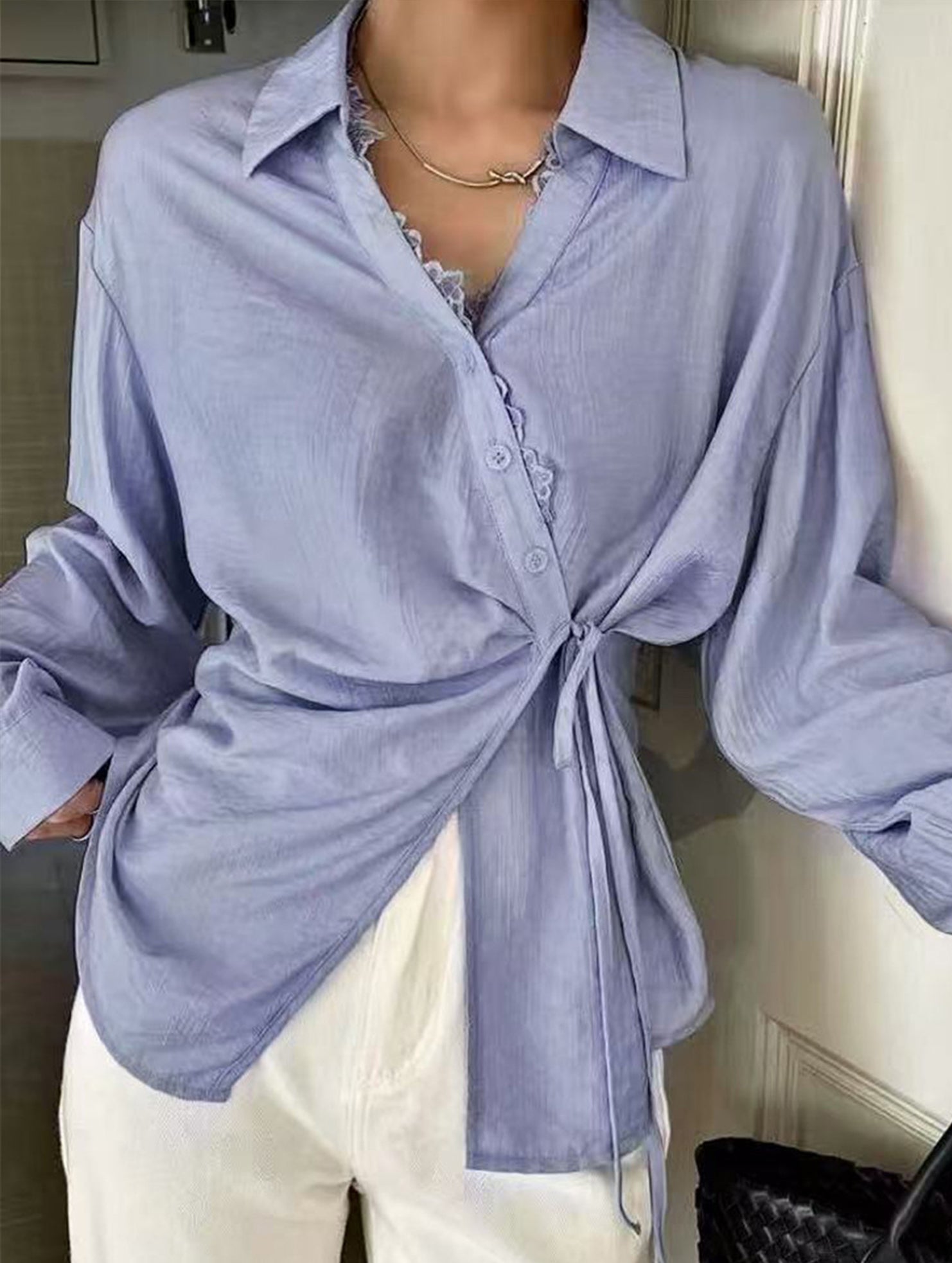 Blue Tie Waist Long Sleeve Shirt