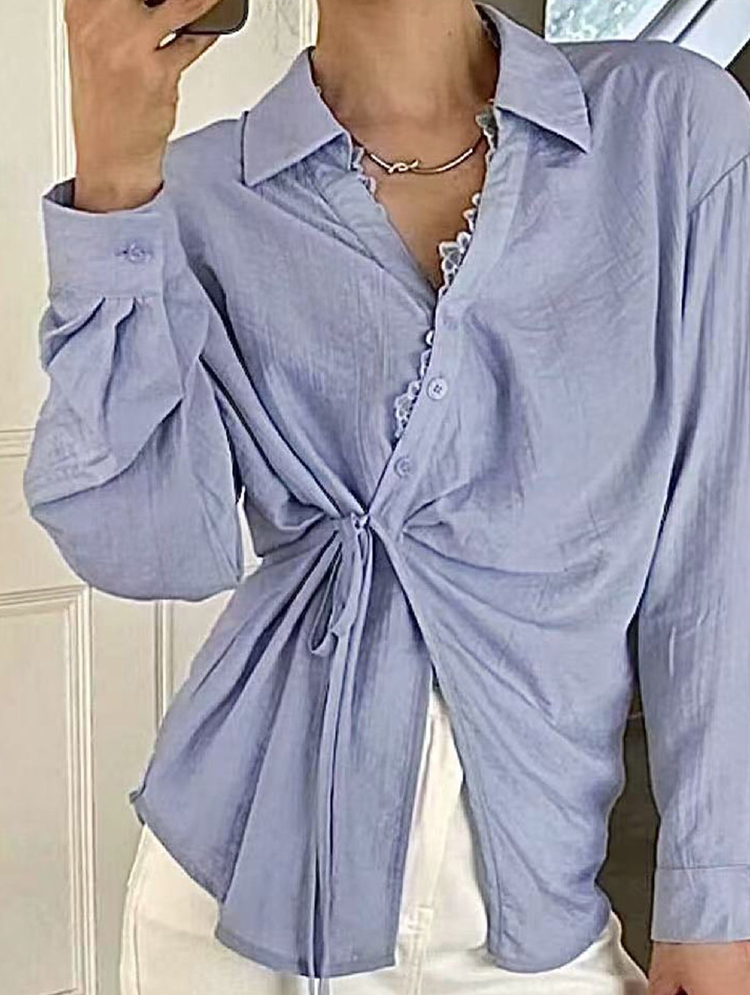 Blue Tie Waist Long Sleeve Shirt