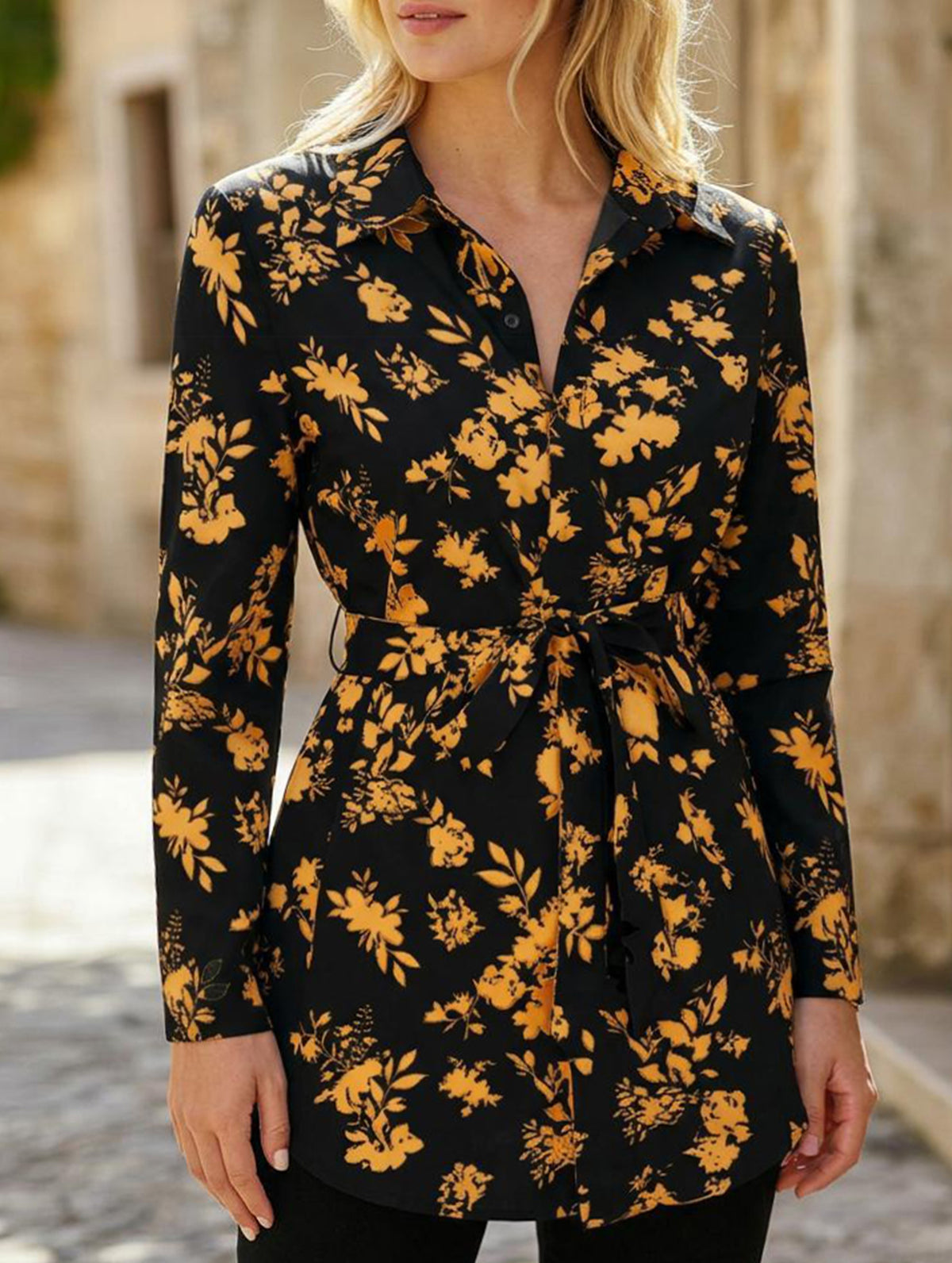 Floral Belted Long Sleeve Shirt