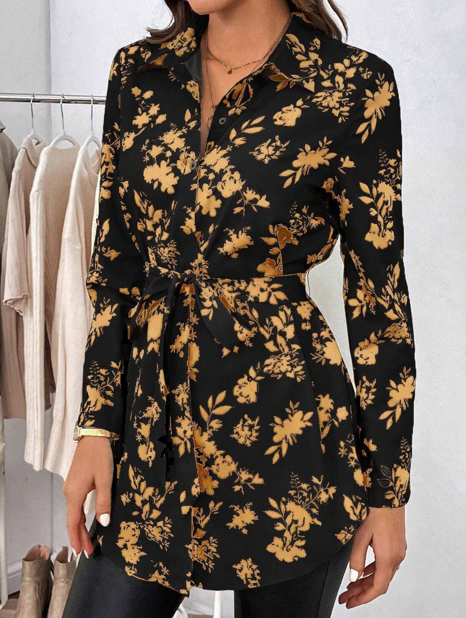 Floral Belted Long Sleeve Shirt