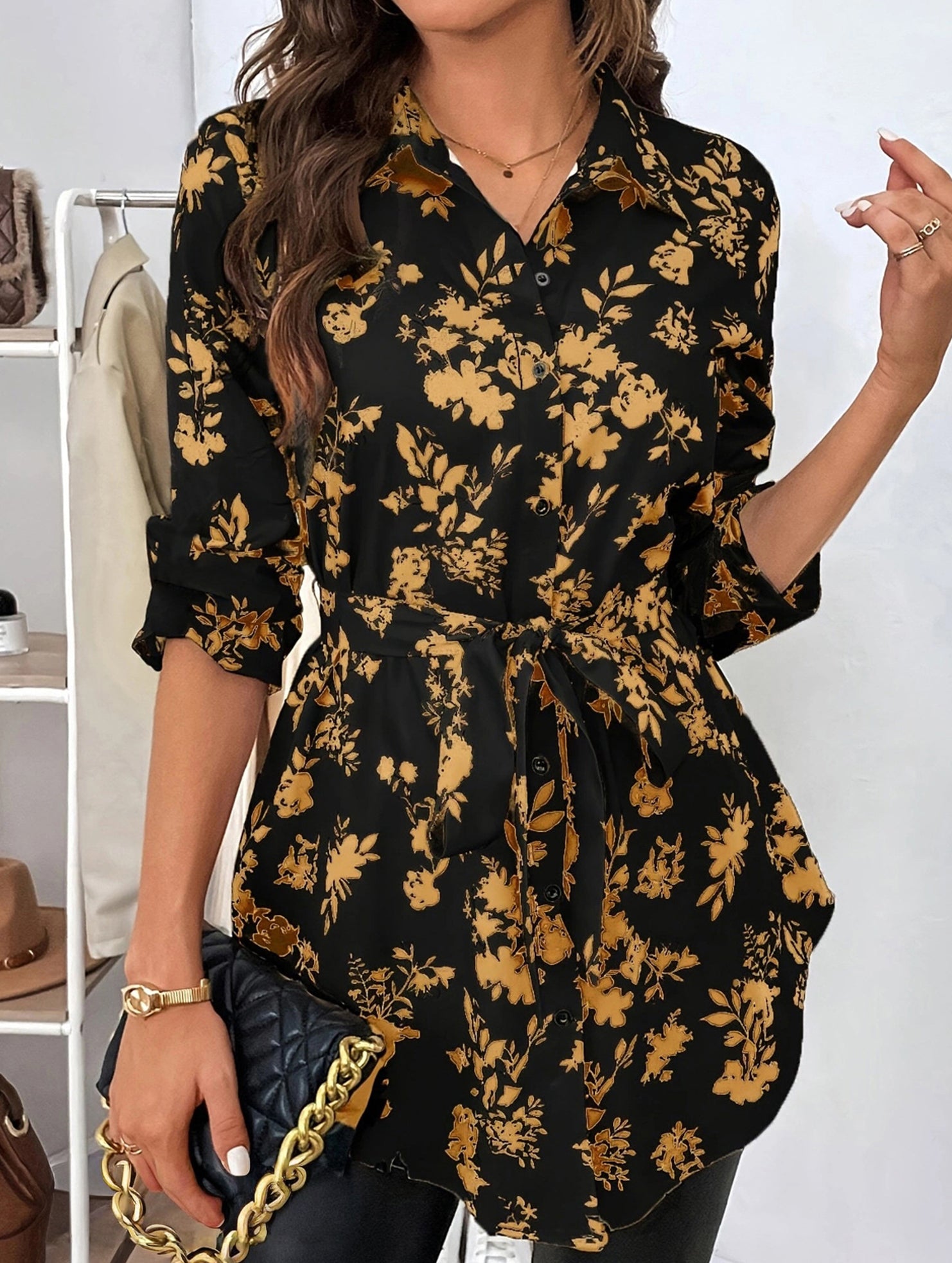Floral Belted Long Sleeve Shirt