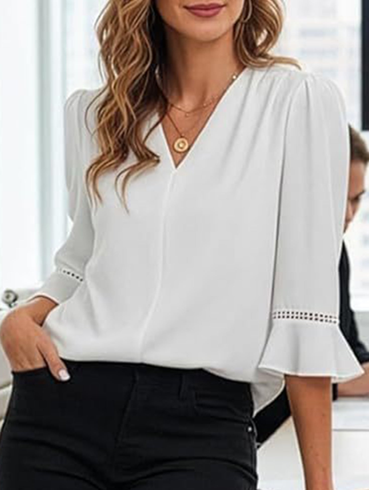 V Neck Office 3/4 Sleeve Shirt