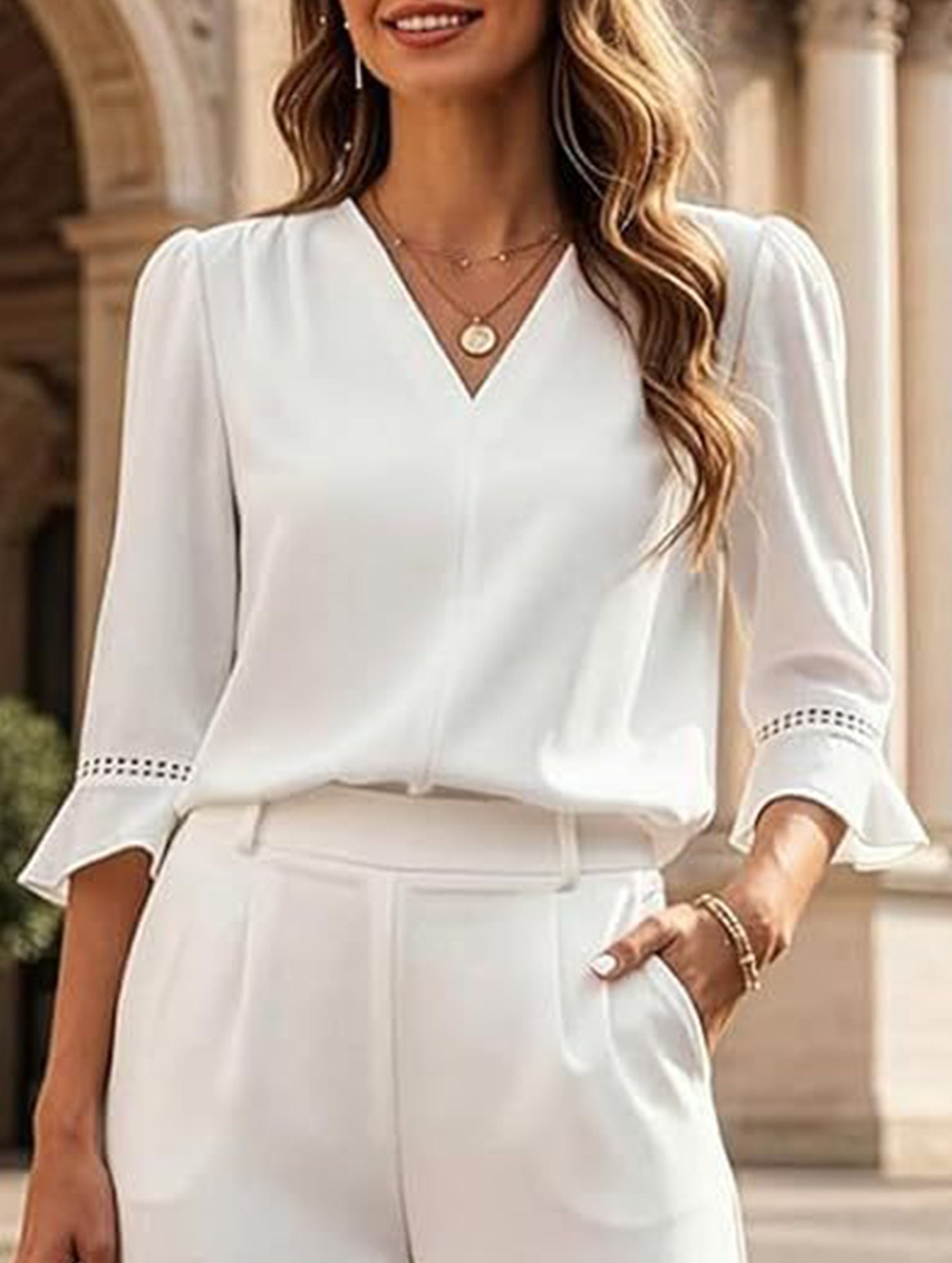 V Neck Office 3/4 Sleeve Shirt